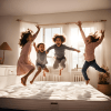 Three children joyfully jumping on a colorful mattress, capturing a moment of playful energy and laughter.