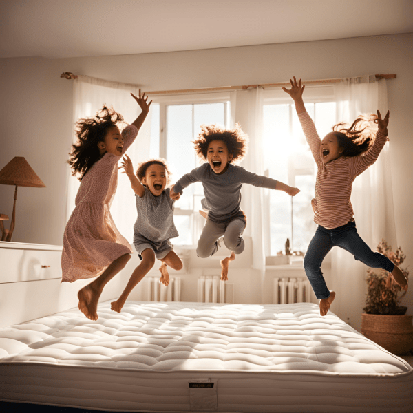 Three children joyfully jumping on a colorful mattress, capturing a moment of playful energy and laughter.