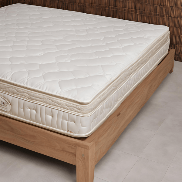 A simple wooden frame supports a mattress in a cozy room, featuring soft lighting and a serene atmosphere.