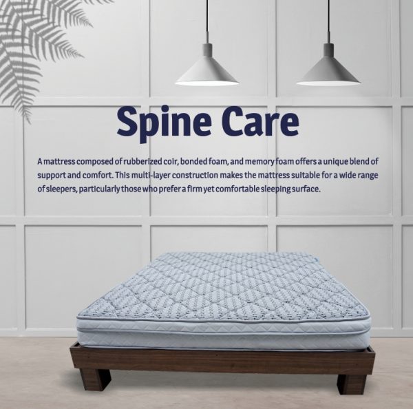 A mattress prominently displaying the words "spine care," emphasizing its focus on spinal health and support.