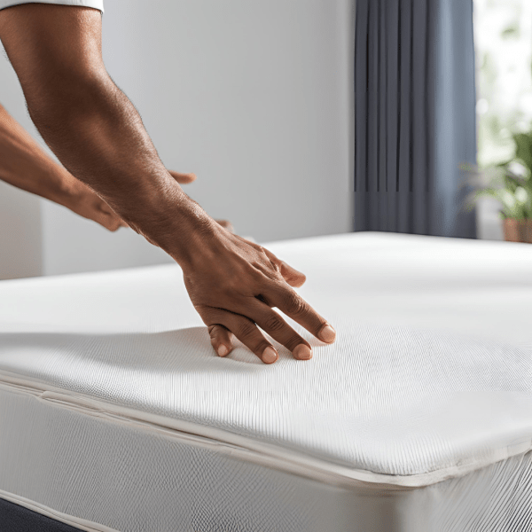 . A man is inspecting a mattress on a bed, his hand resting on the fabric to assess its softness and support.