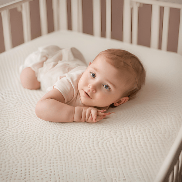 A sleeping baby nestled in a crib, with plush bedding and a soothing environment, representing pure innocence and comfort.