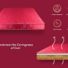 A mattress covered in red fabric, adorned with a striking red logo, perfect for adding a bold touch to your decor.