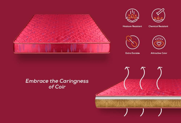 A mattress covered in red fabric, adorned with a striking red logo, perfect for adding a bold touch to your decor.