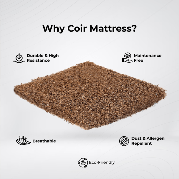 An image of a coir mattress highlighting its sustainable materials, promoting health and comfort for better sleep quality.
